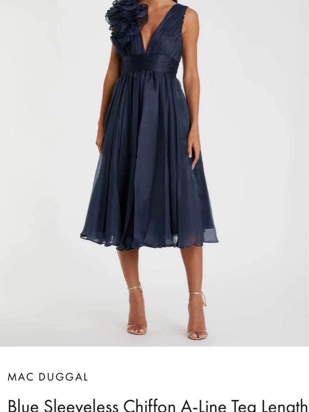 Mac Duggal Navy Blue Sleeveless Chiffon A-Line Midi Dress